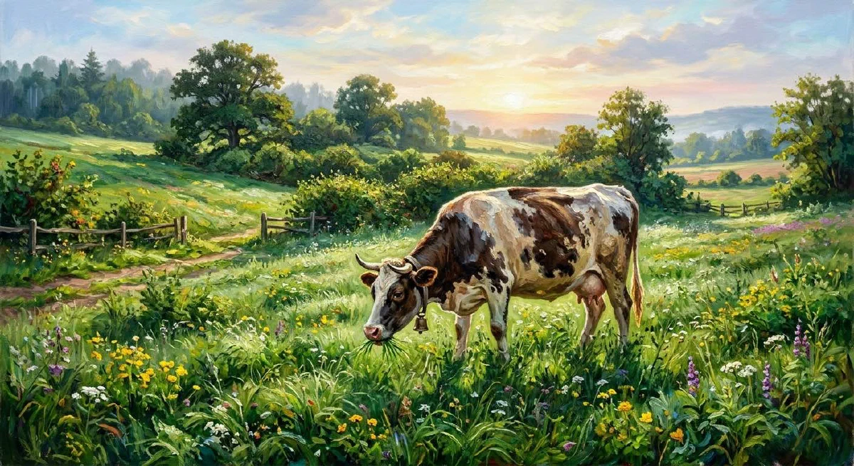 A cow grazing in a green meadow