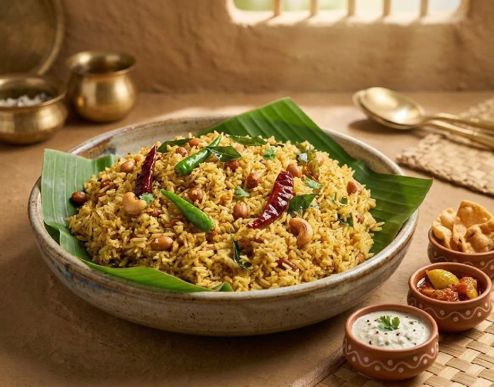 Ambhat Bhaath served with accompaniments on a banana leaf
